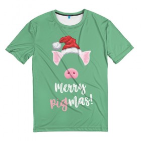 Мужская футболка 3D с принтом Merry Pigmas в Санкт-Петербурге, 100% полиэфир | прямой крой, круглый вырез горловины, длина до линии бедер | 2019 | merry christmas | new year | год свиньи | зима | новый год | поросенок | праздник | рождество | свинка | свинья
