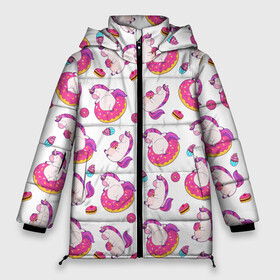 Женская зимняя куртка 3D с принтом Единорожки и вкусняшки в Санкт-Петербурге, верх — 100% полиэстер; подкладка — 100% полиэстер; утеплитель — 100% полиэстер | длина ниже бедра, силуэт Оверсайз. Есть воротник-стойка, отстегивающийся капюшон и ветрозащитная планка. 

Боковые карманы с листочкой на кнопках и внутренний карман на молнии | cake | deliciouse | dunt | eat | kawaii | sweets | unicorn | unicorns | вкусняшки | десерт | еда | единорог | единороги | кавай | кекс | пончик | сладкое | сладости | торт