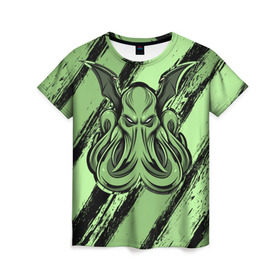Женская футболка 3D с принтом Ктулху в Санкт-Петербурге, 100% полиэфир ( синтетическое хлопкоподобное полотно) | прямой крой, круглый вырез горловины, длина до линии бедер | cthulhu | божество | кракен | лавкрафт | миф | монстр | океан | чудовище
