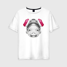 Женская футболка хлопок Oversize с принтом Хрюня в противогазе в Санкт-Петербурге, 100% хлопок | свободный крой, круглый ворот, спущенный рукав, длина до линии бедер
 | breaking bad | во все тяжкие | джесси пинкман | свинка | свинья