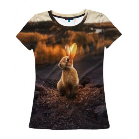 Женская футболка 3D с принтом Солнечный зайчик в Санкт-Петербурге, 100% полиэфир ( синтетическое хлопкоподобное полотно) | прямой крой, круглый вырез горловины, длина до линии бедер | заяц | кролик | лес | пейзаж | поле | природа | пушистый | солнце | уши