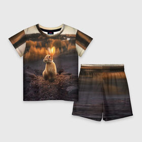 Детский костюм с шортами 3D с принтом Солнечный зайчик в Санкт-Петербурге,  |  | заяц | кролик | лес | пейзаж | поле | природа | пушистый | солнце | уши