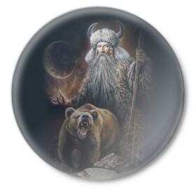 Значок с принтом Велес в Санкт-Петербурге,  металл | круглая форма, металлическая застежка в виде булавки | ethnic | folk | runes | slav | велес | медведь | руны | русь | славяне | фолк | фольклор | этника | этно | язычество