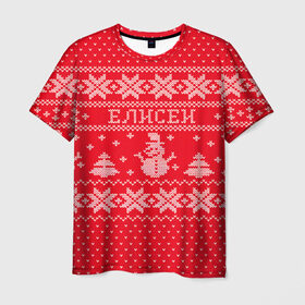 Мужская футболка 3D с принтом Новогодний Елисей в Санкт-Петербурге, 100% полиэфир | прямой крой, круглый вырез горловины, длина до линии бедер | дед мороз | елисей | елка | зима | имена | кофта | новогодний | новый год | свитер | снег | снеговик | снежинки | узор