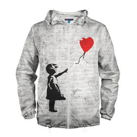 Мужская ветровка 3D с принтом Бэнкси: Девочка с Шаром в Санкт-Петербурге, 100% полиэстер | подол и капюшон оформлены резинкой с фиксаторами, два кармана без застежек по бокам, один потайной карман на груди | art | balloon | banksy | culture | girl | graffity | heart | hearts | red | арт | бэнкси | граффити | девочка | девочка с шаром | красный | красным | культура | сердечки | сердечко | сердце | стрит | шар | шарик | шариком