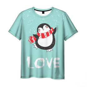 Мужская футболка 3D с принтом Пингвин LOVE в Санкт-Петербурге, 100% полиэфир | прямой крой, круглый вырез горловины, длина до линии бедер | linux | детская | зима | зимняя | лёд | новый год | пингвин | пингвин в снегу | пингвин в шарфе | пингвин любовь | пингвинчик | пингвины | северный полюс | снег | холод