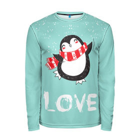 Мужской лонгслив 3D с принтом Пингвин LOVE в Санкт-Петербурге, 100% полиэстер | длинные рукава, круглый вырез горловины, полуприлегающий силуэт | Тематика изображения на принте: linux | детская | зима | зимняя | лёд | новый год | пингвин | пингвин в снегу | пингвин в шарфе | пингвин любовь | пингвинчик | пингвины | северный полюс | снег | холод