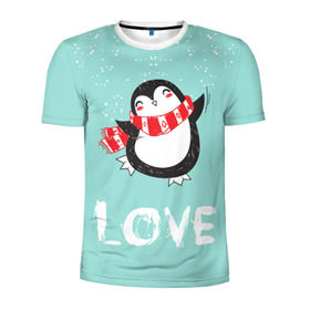 Мужская футболка 3D спортивная с принтом Пингвин LOVE в Санкт-Петербурге, 100% полиэстер с улучшенными характеристиками | приталенный силуэт, круглая горловина, широкие плечи, сужается к линии бедра | Тематика изображения на принте: linux | детская | зима | зимняя | лёд | новый год | пингвин | пингвин в снегу | пингвин в шарфе | пингвин любовь | пингвинчик | пингвины | северный полюс | снег | холод