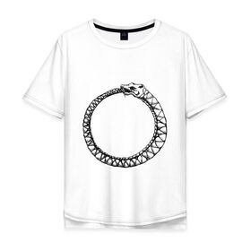 Мужская футболка хлопок Oversize с принтом Уроборос в Санкт-Петербурге, 100% хлопок | свободный крой, круглый ворот, “спинка” длиннее передней части | Тематика изображения на принте: алхимия | бесконечность | вечность | дракон | змей | мифология | символ | уроборос | эпос