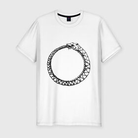 Мужская футболка премиум с принтом Уроборос в Санкт-Петербурге, 92% хлопок, 8% лайкра | приталенный силуэт, круглый вырез ворота, длина до линии бедра, короткий рукав | алхимия | бесконечность | вечность | дракон | змей | мифология | символ | уроборос | эпос