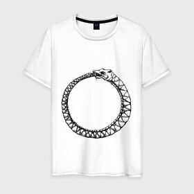 Мужская футболка хлопок с принтом Уроборос в Санкт-Петербурге, 100% хлопок | прямой крой, круглый вырез горловины, длина до линии бедер, слегка спущенное плечо. | алхимия | бесконечность | вечность | дракон | змей | мифология | символ | уроборос | эпос