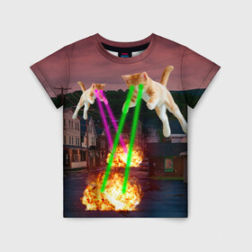 Детская футболка 3D с принтом Кошачья Атака! в Санкт-Петербурге, 100% гипоаллергенный полиэфир | прямой крой, круглый вырез горловины, длина до линии бедер, чуть спущенное плечо, ткань немного тянется | attack | bomb | cat | lazer | meme | neon | party | вечеринка | взрыв | коты | кошак | кошка | лазер | мем | неон | огонь