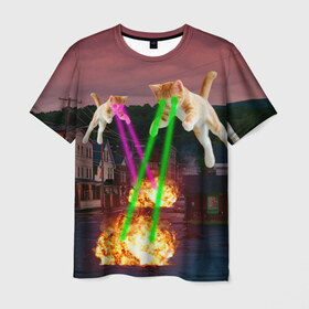 Мужская футболка 3D с принтом Кошачья Атака! в Санкт-Петербурге, 100% полиэфир | прямой крой, круглый вырез горловины, длина до линии бедер | Тематика изображения на принте: attack | bomb | cat | lazer | meme | neon | party | вечеринка | взрыв | коты | кошак | кошка | лазер | мем | неон | огонь