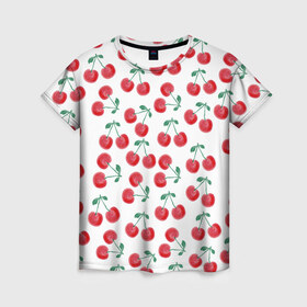 Женская футболка 3D с принтом Вишневое настроение в Санкт-Петербурге, 100% полиэфир ( синтетическое хлопкоподобное полотно) | прямой крой, круглый вырез горловины, длина до линии бедер | весна | вишня | красный | лето | листья | ягода