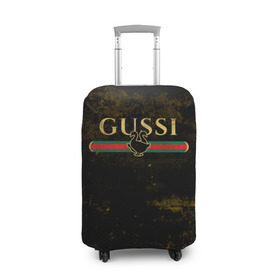 Чехол для чемодана 3D с принтом GUSSI GOLD в Санкт-Петербурге, 86% полиэфир, 14% спандекс | двустороннее нанесение принта, прорези для ручек и колес | fasion | gold | gucci | gussi | trend | гусси | гуччи | золото | золотой | мода | одежда | тренд | тренды
