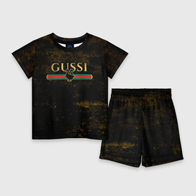 Детский костюм с шортами 3D с принтом GUSSI GOLD в Санкт-Петербурге,  |  | Тематика изображения на принте: fasion | gold | gucci | gussi | trend | гусси | гуччи | золото | золотой | мода | одежда | тренд | тренды