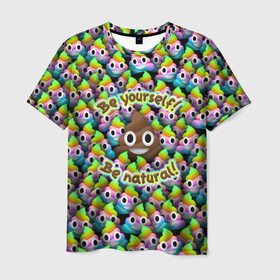 Мужская футболка 3D с принтом Be yourself в Санкт-Петербурге, 100% полиэфир | прямой крой, круглый вырез горловины, длина до линии бедер | Тематика изображения на принте: be natural | emoji | poop | будь собой | паттрен | радуга | радужная | смайлик | толпа | эмоджи | эмодзи