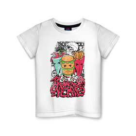 Детская футболка хлопок с принтом Angry Food в Санкт-Петербурге, 100% хлопок | круглый вырез горловины, полуприлегающий силуэт, длина до линии бедер | Тематика изображения на принте: бургер | газировка | граффити | еда | картошка | крест | рок | череп
