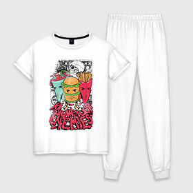 Женская пижама хлопок с принтом Angry Food в Санкт-Петербурге, 100% хлопок | брюки и футболка прямого кроя, без карманов, на брюках мягкая резинка на поясе и по низу штанин | Тематика изображения на принте: бургер | газировка | граффити | еда | картошка | крест | рок | череп