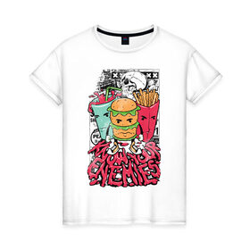 Женская футболка хлопок с принтом Angry Food в Санкт-Петербурге, 100% хлопок | прямой крой, круглый вырез горловины, длина до линии бедер, слегка спущенное плечо | бургер | газировка | граффити | еда | картошка | крест | рок | череп