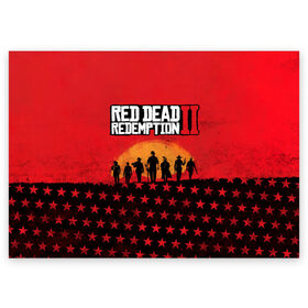 Поздравительная открытка с принтом Red Dead Redemption 2 в Санкт-Петербурге, 100% бумага | плотность бумаги 280 г/м2, матовая, на обратной стороне линовка и место для марки
 | Тематика изображения на принте: dead | die | flag | game | games | gta | rdr | rdr2 | red | redemption | rockstar | sun | sunset | western | вестерн | выкуп | гта | дикий | закат | запад | игра | игры | красный | мертвый | поле | рдр | рдр2 | рокстар | солнце