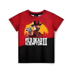Детская футболка 3D с принтом Red Dead Redemption 2 в Санкт-Петербурге, 100% гипоаллергенный полиэфир | прямой крой, круглый вырез горловины, длина до линии бедер, чуть спущенное плечо, ткань немного тянется | dead | die | flag | game | games | gta | rdr | rdr2 | red | redemption | rockstar | sun | sunset | western | вестерн | выкуп | гта | дикий | закат | запад | игра | игры | красный | мертвый | поле | рдр | рдр2 | рокстар | солнце