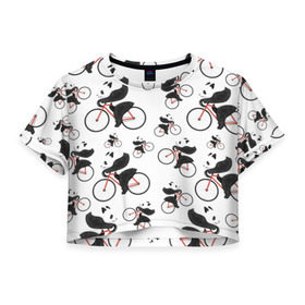 Женская футболка Cropp-top с принтом Панды На Велосипеде в Санкт-Петербурге, 100% полиэстер | круглая горловина, длина футболки до линии талии, рукава с отворотами | велосипед | мишки | панда | паттерн
