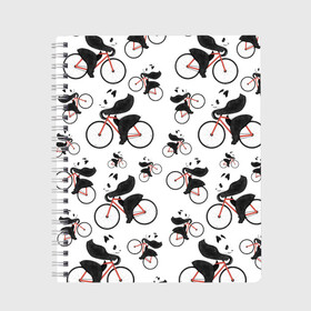 Тетрадь с принтом Панды На Велосипеде в Санкт-Петербурге, 100% бумага | 48 листов, плотность листов — 60 г/м2, плотность картонной обложки — 250 г/м2. Листы скреплены сбоку удобной пружинной спиралью. Уголки страниц и обложки скругленные. Цвет линий — светло-серый
 | Тематика изображения на принте: велосипед | мишки | панда | паттерн