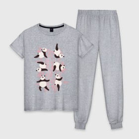 Женская пижама хлопок с принтом Панда Йога в Санкт-Петербурге, 100% хлопок | брюки и футболка прямого кроя, без карманов, на брюках мягкая резинка на поясе и по низу штанин | panda | yoga | йога | панда | панды | фитнес