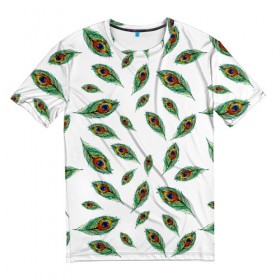 Мужская футболка 3D с принтом Павлиньи перья в Санкт-Петербурге, 100% полиэфир | прямой крой, круглый вырез горловины, длина до линии бедер | павлин | перо | птица | хвост