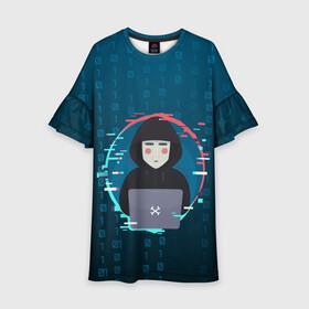 Детское платье 3D с принтом Anonymous hacker в Санкт-Петербурге, 100% полиэстер | прямой силуэт, чуть расширенный к низу. Круглая горловина, на рукавах — воланы | Тематика изображения на принте: anonymous | hacker | it | аноним | взлом | компьютер | ноутбук | программист | хакер