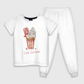 Детская пижама хлопок с принтом I Love Icecream в Санкт-Петербурге, 100% хлопок |  брюки и футболка прямого кроя, без карманов, на брюках мягкая резинка на поясе и по низу штанин
 | Тематика изображения на принте: icecream | любовь | мороженое | сладость