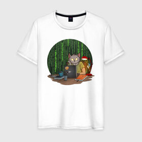 Мужская футболка хлопок с принтом IT - кот в Санкт-Петербурге, 100% хлопок | прямой крой, круглый вырез горловины, длина до линии бедер, слегка спущенное плечо. | birdborn | it | компьютер | кот | подарок | программист | профессия