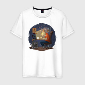 Мужская футболка хлопок с принтом IT - кот в Санкт-Петербурге, 100% хлопок | прямой крой, круглый вырез горловины, длина до линии бедер, слегка спущенное плечо. | birdborn | it | админ | подарок | программист | профессия | работа
