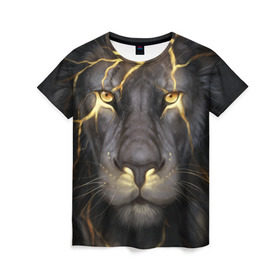 Женская футболка 3D с принтом Лев с молнией в Санкт-Петербурге, 100% полиэфир ( синтетическое хлопкоподобное полотно) | прямой крой, круглый вырез горловины, длина до линии бедер | глаза | гроза | зверь | король | кот | кошка | прайд | царь | шрам