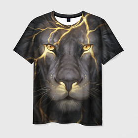 Мужская футболка 3D с принтом Лев с молнией в Санкт-Петербурге, 100% полиэфир | прямой крой, круглый вырез горловины, длина до линии бедер | глаза | гроза | зверь | король | кот | кошка | прайд | царь | шрам