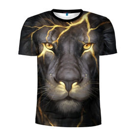 Мужская футболка 3D спортивная с принтом Лев с молнией в Санкт-Петербурге, 100% полиэстер с улучшенными характеристиками | приталенный силуэт, круглая горловина, широкие плечи, сужается к линии бедра | глаза | гроза | зверь | король | кот | кошка | прайд | царь | шрам