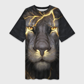 Платье-футболка 3D с принтом Лев с молнией в Санкт-Петербурге,  |  | глаза | гроза | зверь | король | кот | кошка | прайд | царь | шрам