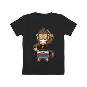 Детская футболка хлопок с принтом Обезьяна и барабан в Санкт-Петербурге, 100% хлопок | круглый вырез горловины, полуприлегающий силуэт, длина до линии бедер | барабан | обезьяны | рок