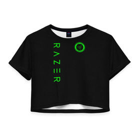 Женская футболка 3D укороченная с принтом RAZER в Санкт-Петербурге, 100% полиэстер | круглая горловина, длина футболки до линии талии, рукава с отворотами | 101 | brand | company | gamer | green | logo | mamba | naga | player | razer | rzr | snake | бренд | железо | зеленый | змея | компания | лого | рейзер | софт