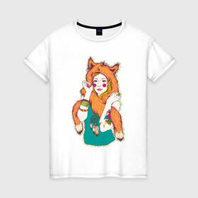 Женская футболка хлопок с принтом Девушка лиса в Санкт-Петербурге, 100% хлопок | прямой крой, круглый вырез горловины, длина до линии бедер, слегка спущенное плечо | 