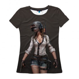 Женская футболка 3D с принтом PUBG girl в Санкт-Петербурге, 100% полиэфир ( синтетическое хлопкоподобное полотно) | прямой крой, круглый вырез горловины, длина до линии бедер | battle | battlegrounds | deathmatch | playerunknowns | royale | бой | выживание | девушка | оружие | состязание