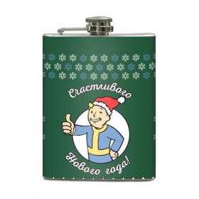 Фляга с принтом Vault boy: happy new year в Санкт-Петербурге, металлический корпус | емкость 0,22 л, размер 125 х 94 мм. Виниловая наклейка запечатывается полностью | Тематика изображения на принте: 