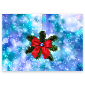 Поздравительная открытка с принтом Новогодний бантик в Санкт-Петербурге, 100% бумага | плотность бумаги 280 г/м2, матовая, на обратной стороне линовка и место для марки
 | christmas | cookie | gift | gingerbread | new | present | snow | snowflakes | three | xmas | year | год | ёлка | ель | новый | подарок | пряник | рождество | снег | снежинки | сюрприз