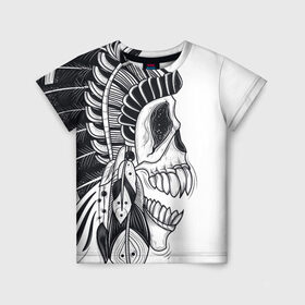 Детская футболка 3D с принтом Индейский демон в Санкт-Петербурге, 100% гипоаллергенный полиэфир | прямой крой, круглый вырез горловины, длина до линии бедер, чуть спущенное плечо, ткань немного тянется | indian | skeleton | skull | демон | индеец | перья | скелет | череп
