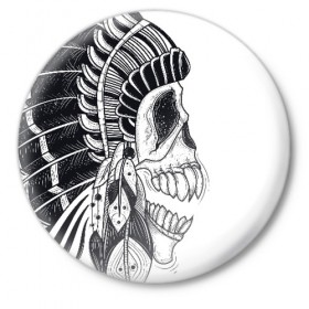 Значок с принтом Индейский демон в Санкт-Петербурге,  металл | круглая форма, металлическая застежка в виде булавки | indian | skeleton | skull | демон | индеец | перья | скелет | череп