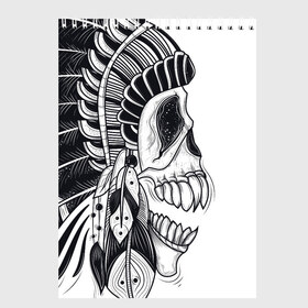 Скетчбук с принтом Индейский демон в Санкт-Петербурге, 100% бумага
 | 48 листов, плотность листов — 100 г/м2, плотность картонной обложки — 250 г/м2. Листы скреплены сверху удобной пружинной спиралью | Тематика изображения на принте: indian | skeleton | skull | демон | индеец | перья | скелет | череп