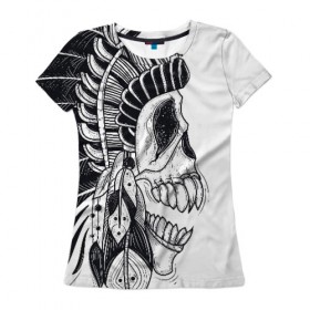 Женская футболка 3D с принтом Индейский демон в Санкт-Петербурге, 100% полиэфир ( синтетическое хлопкоподобное полотно) | прямой крой, круглый вырез горловины, длина до линии бедер | indian | skeleton | skull | демон | индеец | перья | скелет | череп
