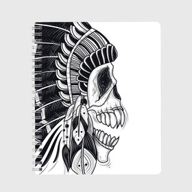 Тетрадь с принтом Индейский демон в Санкт-Петербурге, 100% бумага | 48 листов, плотность листов — 60 г/м2, плотность картонной обложки — 250 г/м2. Листы скреплены сбоку удобной пружинной спиралью. Уголки страниц и обложки скругленные. Цвет линий — светло-серый
 | indian | skeleton | skull | демон | индеец | перья | скелет | череп