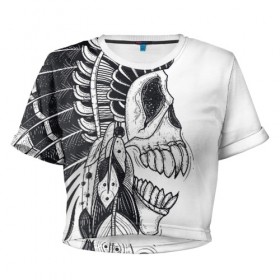 Женская футболка 3D укороченная с принтом Индейский демон в Санкт-Петербурге, 100% полиэстер | круглая горловина, длина футболки до линии талии, рукава с отворотами | indian | skeleton | skull | демон | индеец | перья | скелет | череп